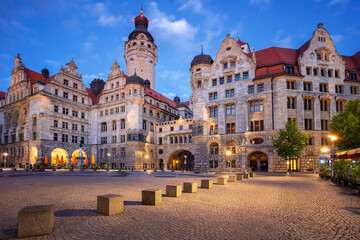 Fototapeta na wymiar Leipzig, Germany. Cityscape image of Leipzig, Germany with New Town Hall at twilight blue hour.