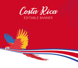 Costa Rica Banner with a Scarlet macaw and flag (Lapa Roja, Ara macao, Guacamaya roja, guacamayo macao, guacamaya bandera) - Vectors, EPS