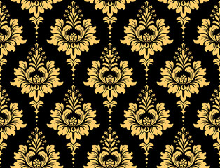 Floral pattern. Vintage wallpaper in the Baroque style. Seamless vector background. Black and gold ornament for fabric, wallpaper, packaging. Ornate Damask flower ornament