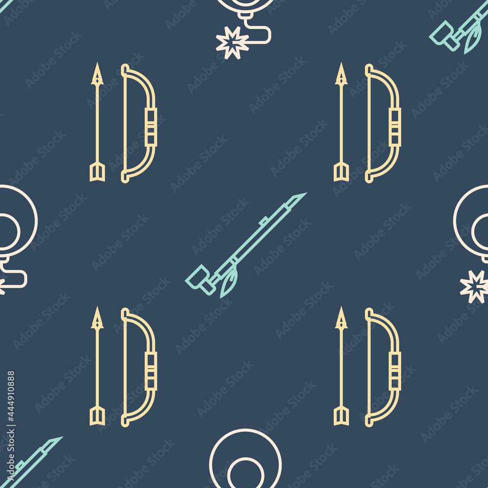 Poster set line bomb ready to explode, bow and arrow in quiver and native american indian smoking pipe on s