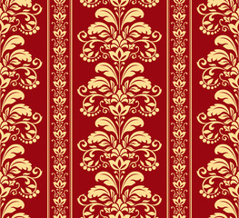 Wallpaper in the style of Baroque. Seamless vector background. Gold and red floral ornament. Graphic pattern for fabric, wallpaper, packaging. Ornate Damask flower ornament