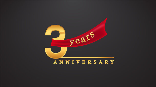 3rd anniversary design logotype golden color with red ribbon for anniversary celebration