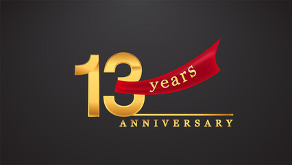 13th anniversary design logotype golden color with red ribbon for anniversary celebration
