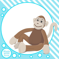 Cute cartoon monkey sitting. Postcard with abstract creative minimalistic composition. Plush toy. Vector illustration