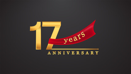 17th anniversary design logotype golden color with red ribbon for anniversary celebration