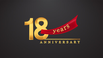 18th anniversary design logotype golden color with red ribbon for anniversary celebration