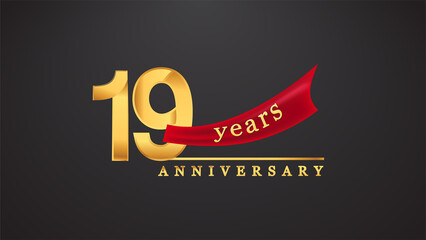 19th anniversary design logotype golden color with red ribbon for anniversary celebration