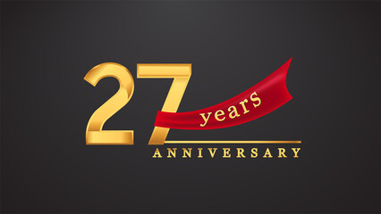 27th anniversary design logotype golden color with red ribbon for anniversary celebration