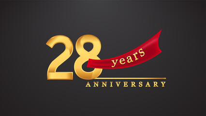 28th anniversary design logotype golden color with red ribbon for anniversary celebration
