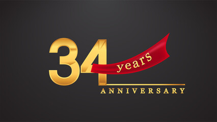 34th anniversary design logotype golden color with red ribbon for anniversary celebration