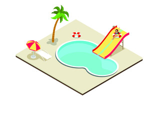 Woman having fun at pool slide isometric 3d vector concept for banner, website, illustration, landing page, flyer, etc.