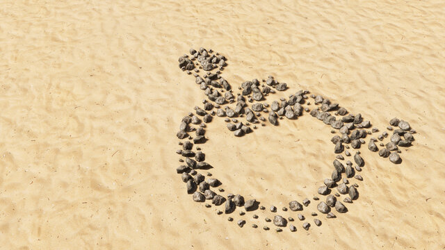 Concept conceptual stones on beach sand handmade symbol shape, golden sandy background, wheel chair sign. 3d illustration metaphor for rehabilitation, assistance, accessibility, mobility, safety  help