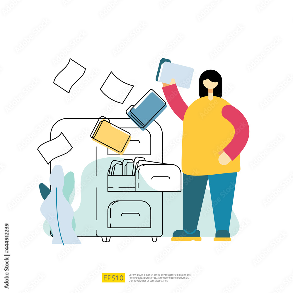 Poster file management archive and organize vector illustration with people cartoon character. work with do