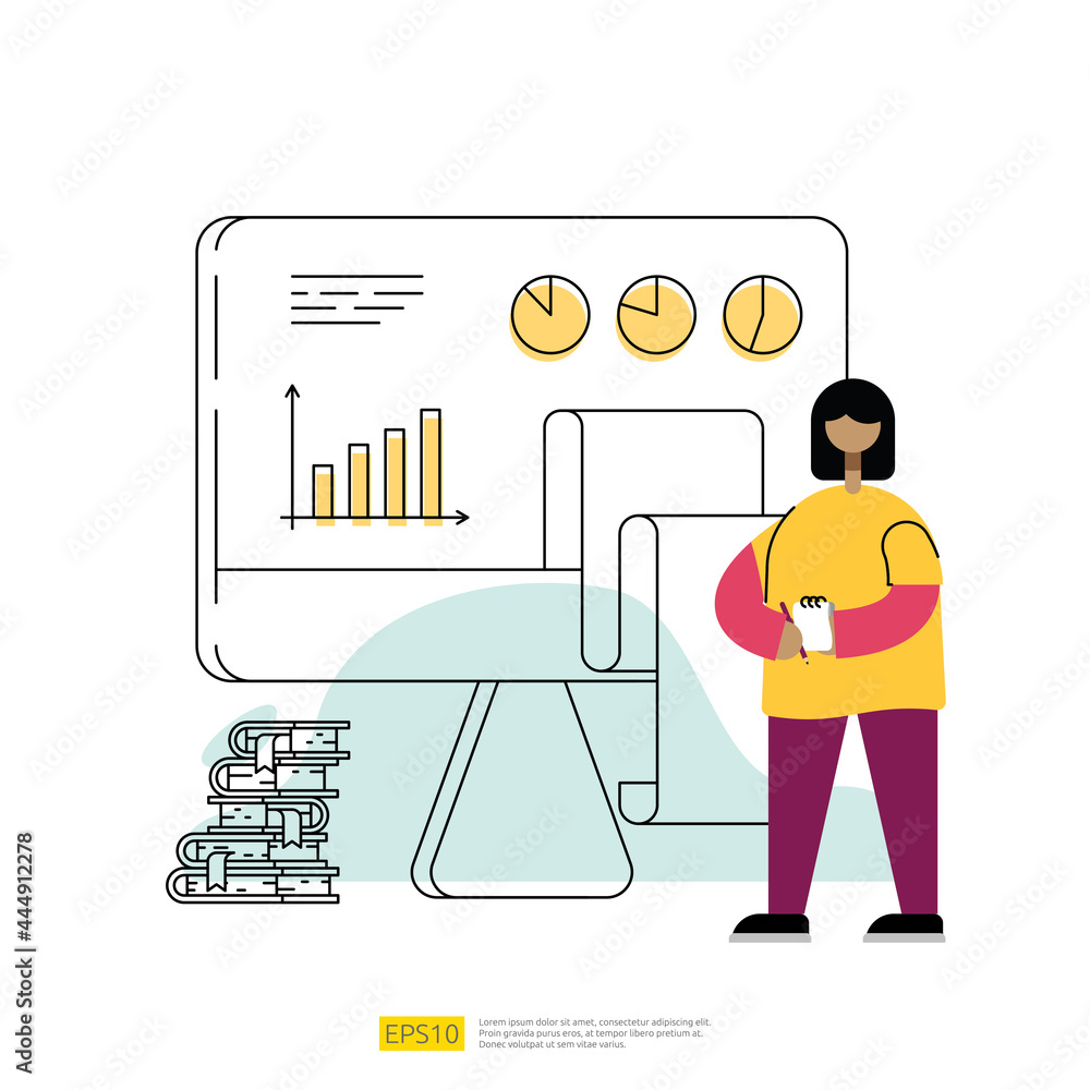 Poster data management and report with graph chart on pc screen and character illustration. big data scienc
