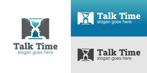 creative idea logo of face talking with timer timeout old versions, timer to communicate logo design