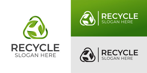 triangle recycle with green leaf, recycling ecology logo or icon design - obrazy, fototapety, plakaty