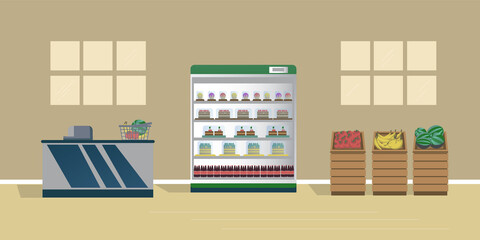 Illustration of a supermarket with vegetables and desserts
