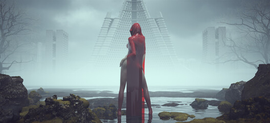 Futuristic Sci Fi Alien Villain Space woman in Red Long Dress with Glowing Eyes in Alien Landscape Mysterious Foggy Abandoned Brutalist Architecture 3d illustration render © paul