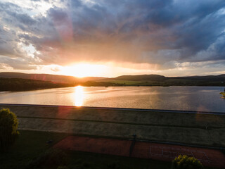Aerial view of Teply vrch reservoir in Slovakia - Sunset