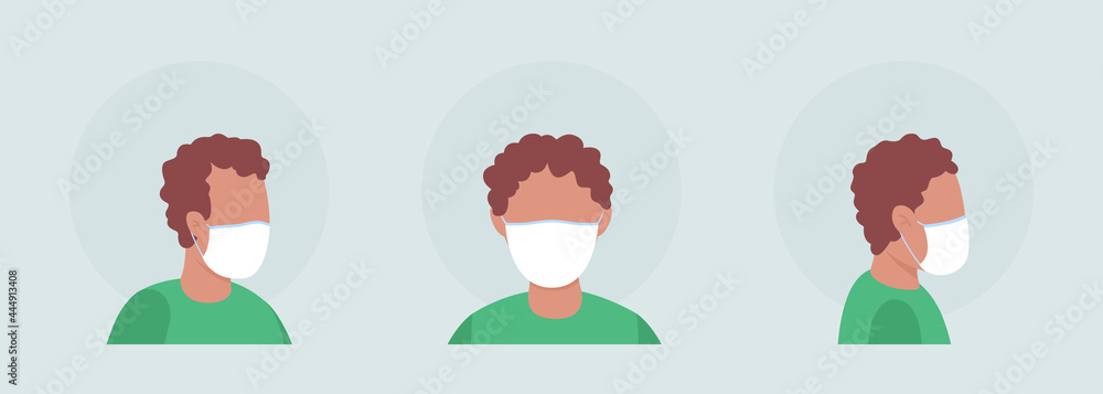 Poster boy with elastic mask semi flat color vector character avatar set. portrait with respirator from fro