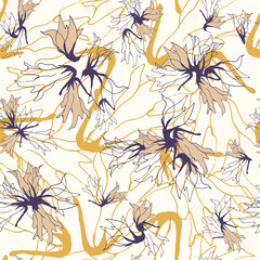 Tropical floral seamless print, contour yellow flowers on a white background. Vector exotic hand drawn pattern.