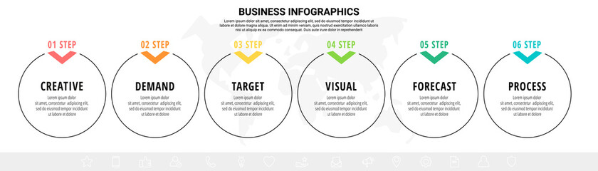 Vector line infographics template for six arrows and circles. Business concept with 6 elements and icons. Modern blank space for chart, content, step for step, timeline, diagram, web