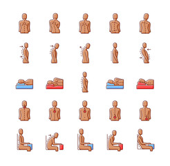 Back and posture problems RGB color icons set. Spinal abnormalities. Maintaining natural alignment. Sitting, sleeping position. Postural change. Roundback, hunchback. Isolated vector illustrations