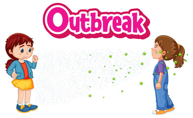 Outbreak font in cartoon style with two kids keeping social distance isolated on white background