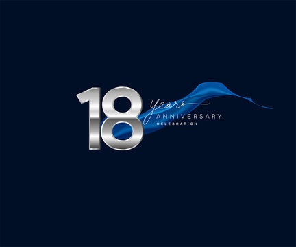 18th Years Anniversary celebration logotype silver colored with blue ribbon and isolated on dark blue background