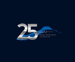 25th Years Anniversary celebration logotype silver colored with blue ribbon and isolated on dark blue background