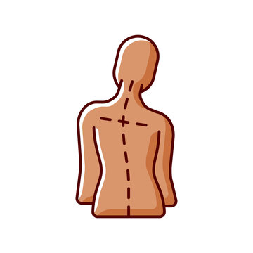 Uneven shoulders RGB color icon. Postural change. Difficulty walking. Back pain. Skeletal imbalances in body. Asymmetrical alignment. Unequal gaps between arms and trunk. Isolated vector illustration