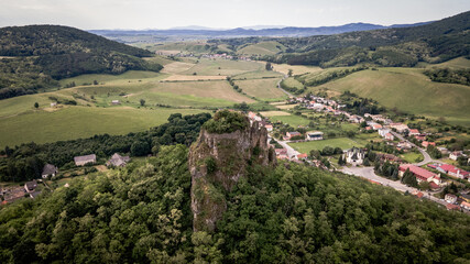 Obraz premium Aerial views of the castle ruins in the village Hajnacka in Slovakia