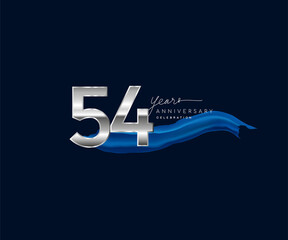 54th Years Anniversary celebration logotype silver colored with blue ribbon and isolated on dark blue background