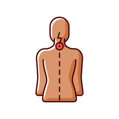 Neck pain RGB color icon. Nerve root compression. Cervical radiculitis. Pressure on spinal nerves. Straining from poor posture. Muscle weakness, inflammation. Isolated vector illustration