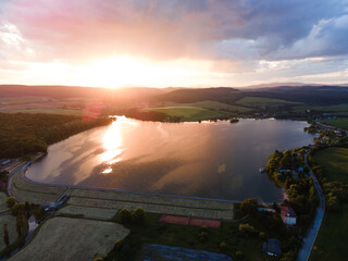 Aerial view of Teply vrch reservoir in Slovakia - Sunset