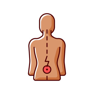 recommend clip art: Lower back pain RGB color icon. Aging-related wear. Physical disability. Ruptured, bulging disc. Injury to connective tissue. Muscle weakness, numbness. Pressure on nerve. Isolated vector illustration