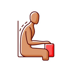 Being bent over desk RGB color icon. Pushing neck and head forward. Spine is positioned in unnatural position. Suffering from backache. Hunching back and shoulders. Isolated vector illustration