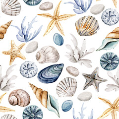 Naadloze patroon met aquarel schelpen, herhaal zee textuur, achtergrond hand tekenen. Perfect voor inpakpapier, behang, stof, textuur en ander drukwerk.