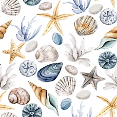 Foto op Plexiglas Zee Naadloze patroon met aquarel schelpen, herhaal zee textuur, achtergrond hand tekenen. Perfect voor inpakpapier, behang, stof, textuur en ander drukwerk.