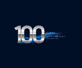 100th Years Anniversary celebration logotype silver colored with blue ribbon and isolated on dark blue background