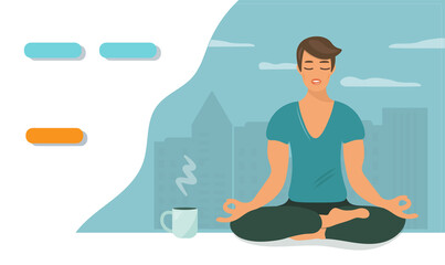 A guy in a lotus position meditates on the background of a big city in an apartment or office. A person gets rid of stress. Yoga practice. Healthy lifestyle concept. Vector template, business card.