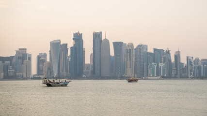 The skyline of Doha city center during evening, Qatar