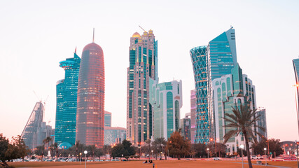 The skyline of Doha city center during evening, Qatar
