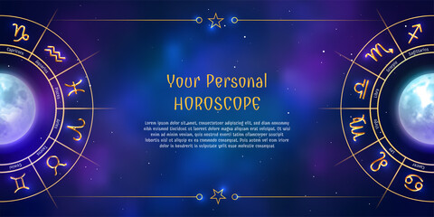 Your personal horoscope chart and glow zodiac sign. Astrology prediction banner, poster, with shiny astrological symbols on purple background vector illustration