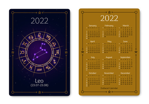 Leo pocket size calendar layout with zodiac sign. 2022 year double sided vertical calendar with Leo glowing constellation astrological symbol on dark cover, week starts from Sunday