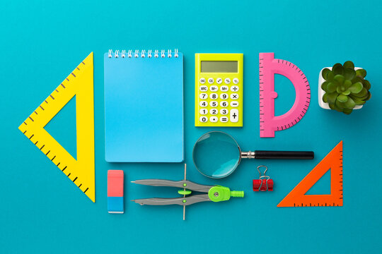Colored items for school on a bright background