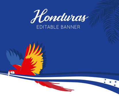 
Honduras Banner with flag and a Scarlet macaw (national bird, Lapa Roja, Ara macao, Guacamaya roja, guacamayo macao, guacamaya bandera) - Vectors, EPS