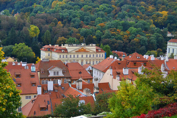 Fototapeta na wymiar Red roofs of old buildings in Prague in autumn season. Vyšehrad, Czech Republic