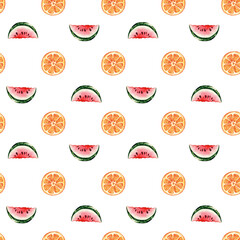 Seamless pattern of summer fruit oranges and watermelon.