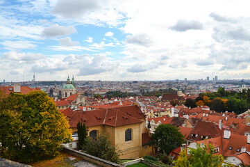 Fototapeta na wymiar Red roofs of old Prague, panoramic view. Vyšehrad, Czech Republic
